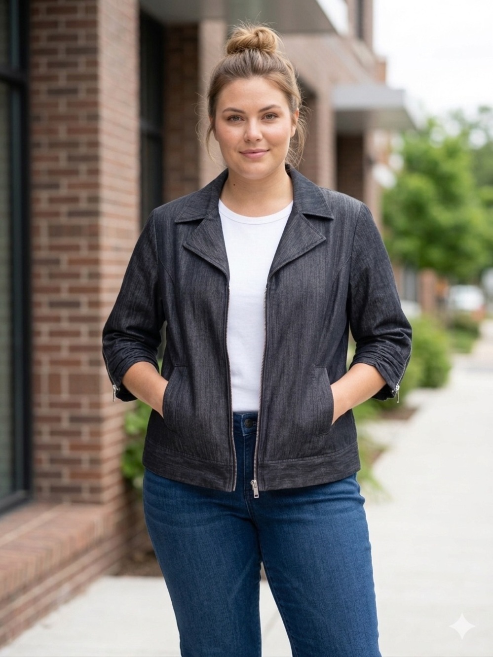 Dress Barn Charcoal Denim-Style Zip Jacket